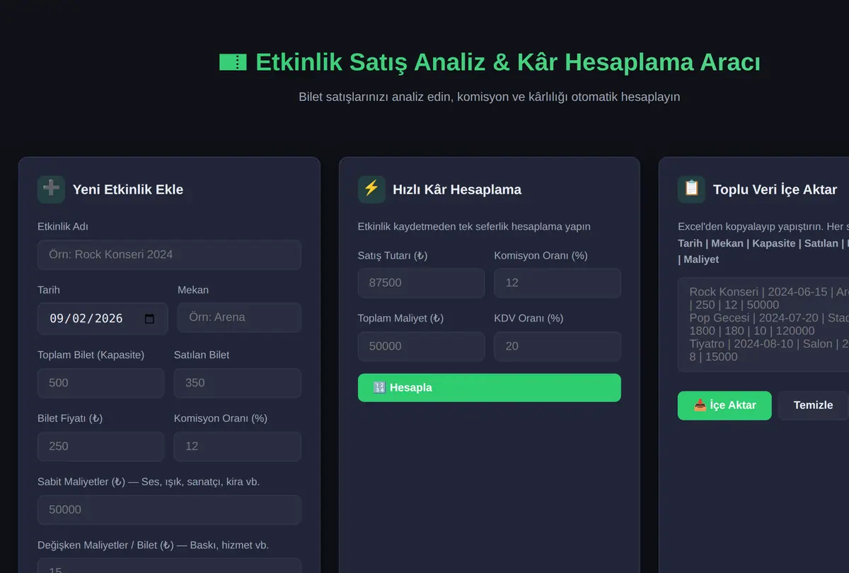 Etkinlik Satış Analiz & Kâr Hesaplama Aracı ekran görüntüsü