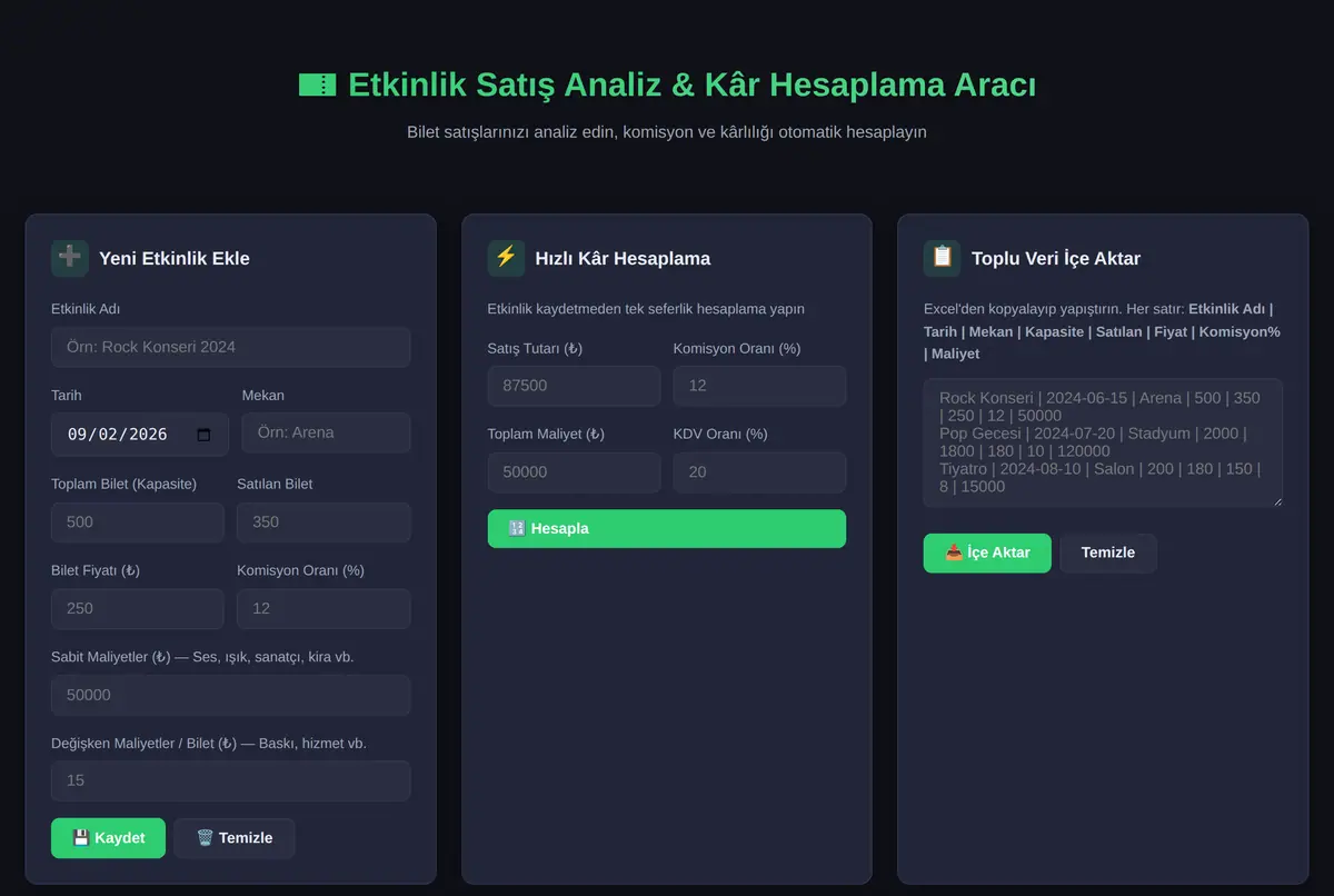 Etkinlik Satış Analiz & Kâr Hesaplama Aracı ekran görüntüsü 2