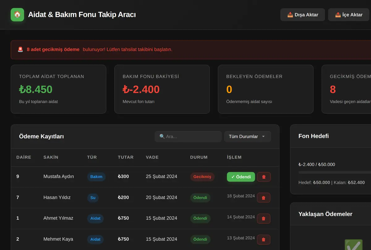 Aidat & Bakım Fonu Takip Aracı ekran görüntüsü