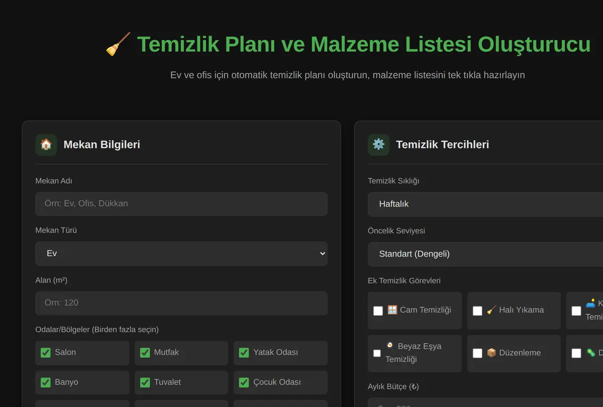 Temizlik Planı ve Malzeme Listesi Oluşturucu ekran görüntüsü