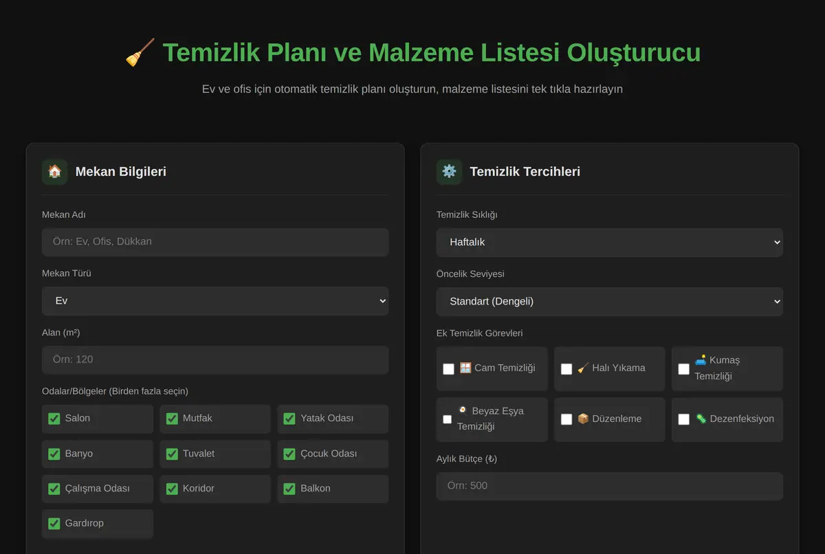 Temizlik Planı ve Malzeme Listesi Oluşturucu ekran görüntüsü 2
