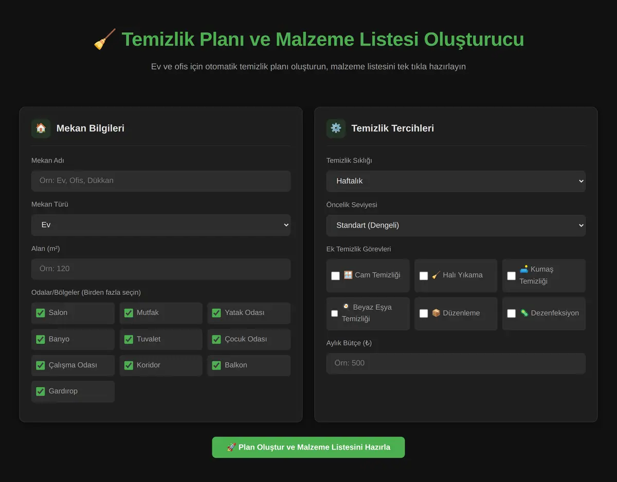 Temizlik Planı ve Malzeme Listesi Oluşturucu ekran görüntüsü 3