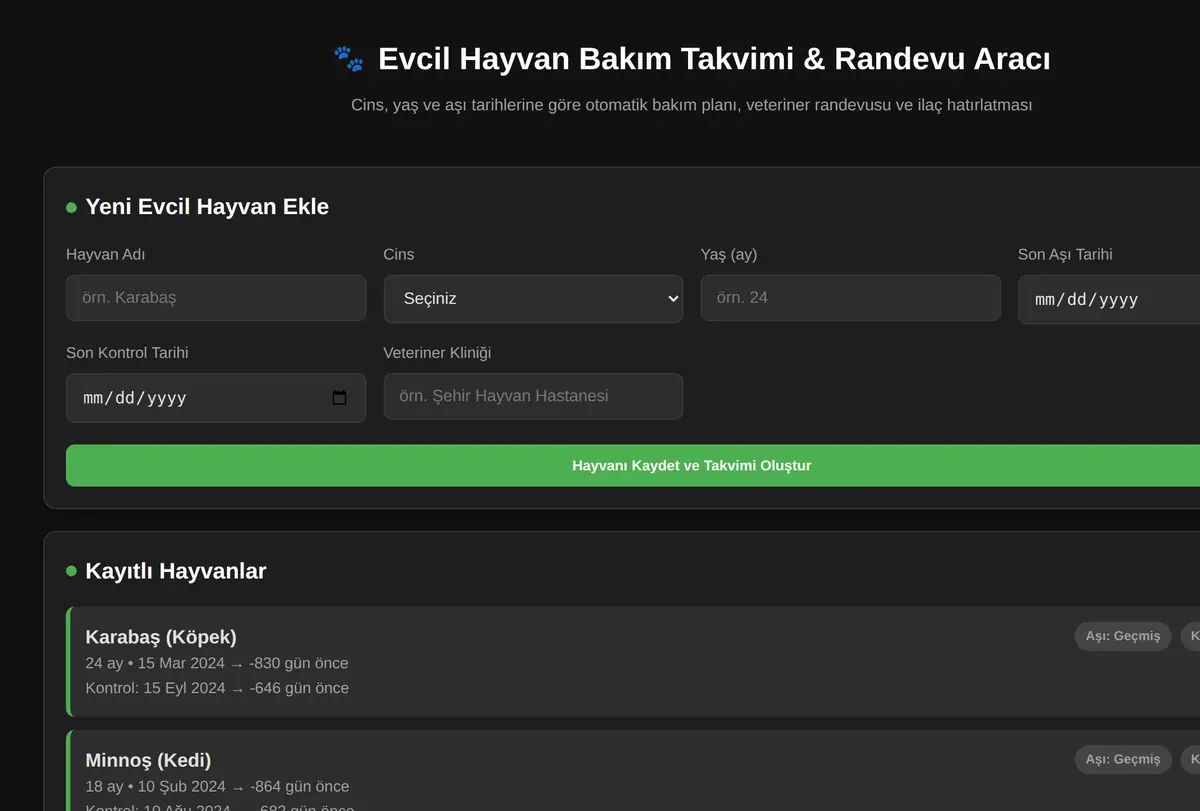 Evcil Hayvan Bakım Takvimi & Randevu Aracı ekran görüntüsü
