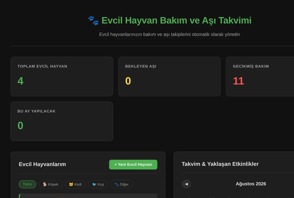Evcil Hayvan Bakım ve Aşı Takvimi Otomasyonu ekran görüntüsü