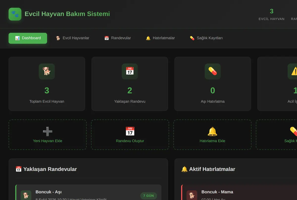 Evcil Hayvan Bakım ve Veteriner Randevu Sistemi ekran görüntüsü