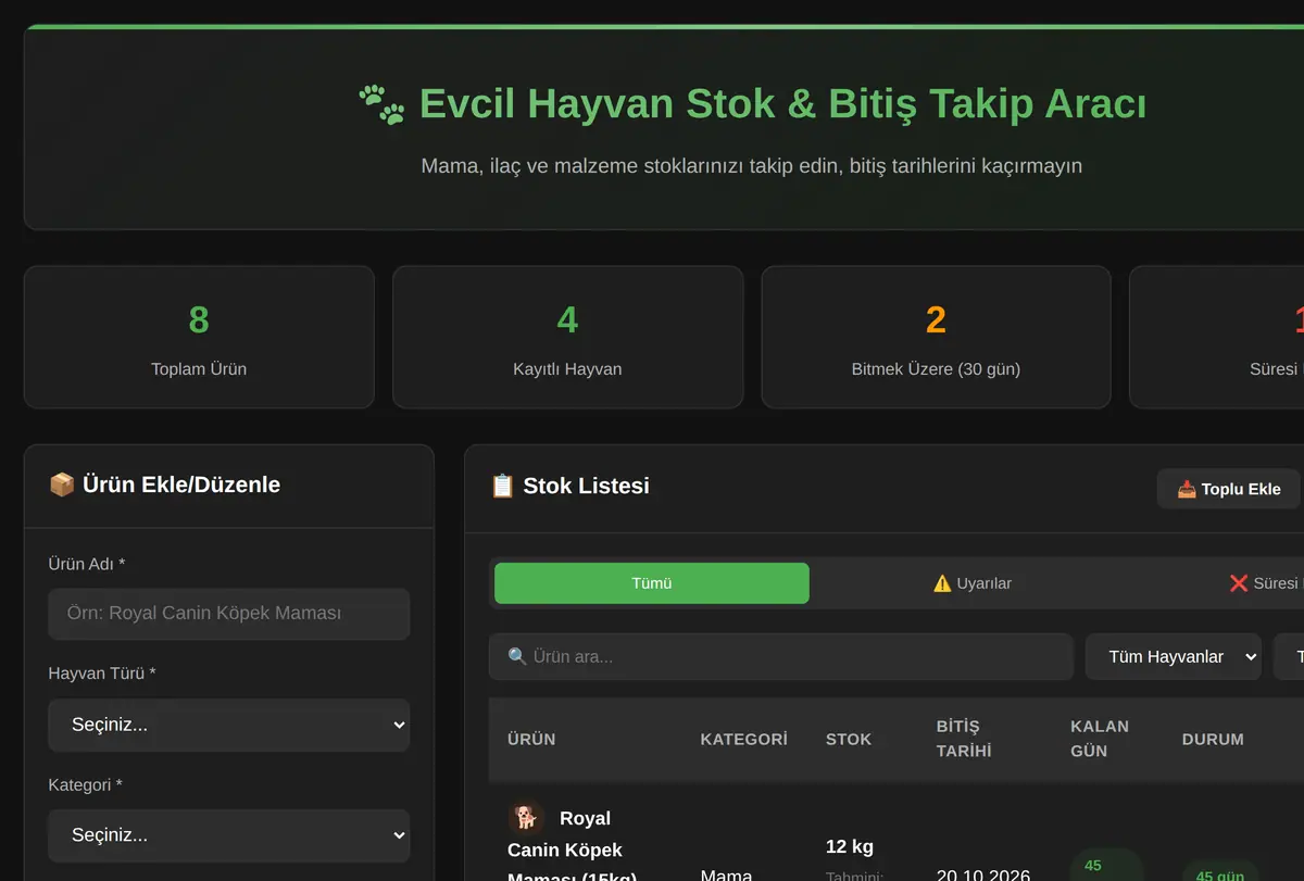 Evcil Hayvan Stok & Bitiş Takip Aracı ekran görüntüsü