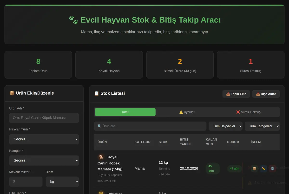 Evcil Hayvan Stok & Bitiş Takip Aracı ekran görüntüsü 2