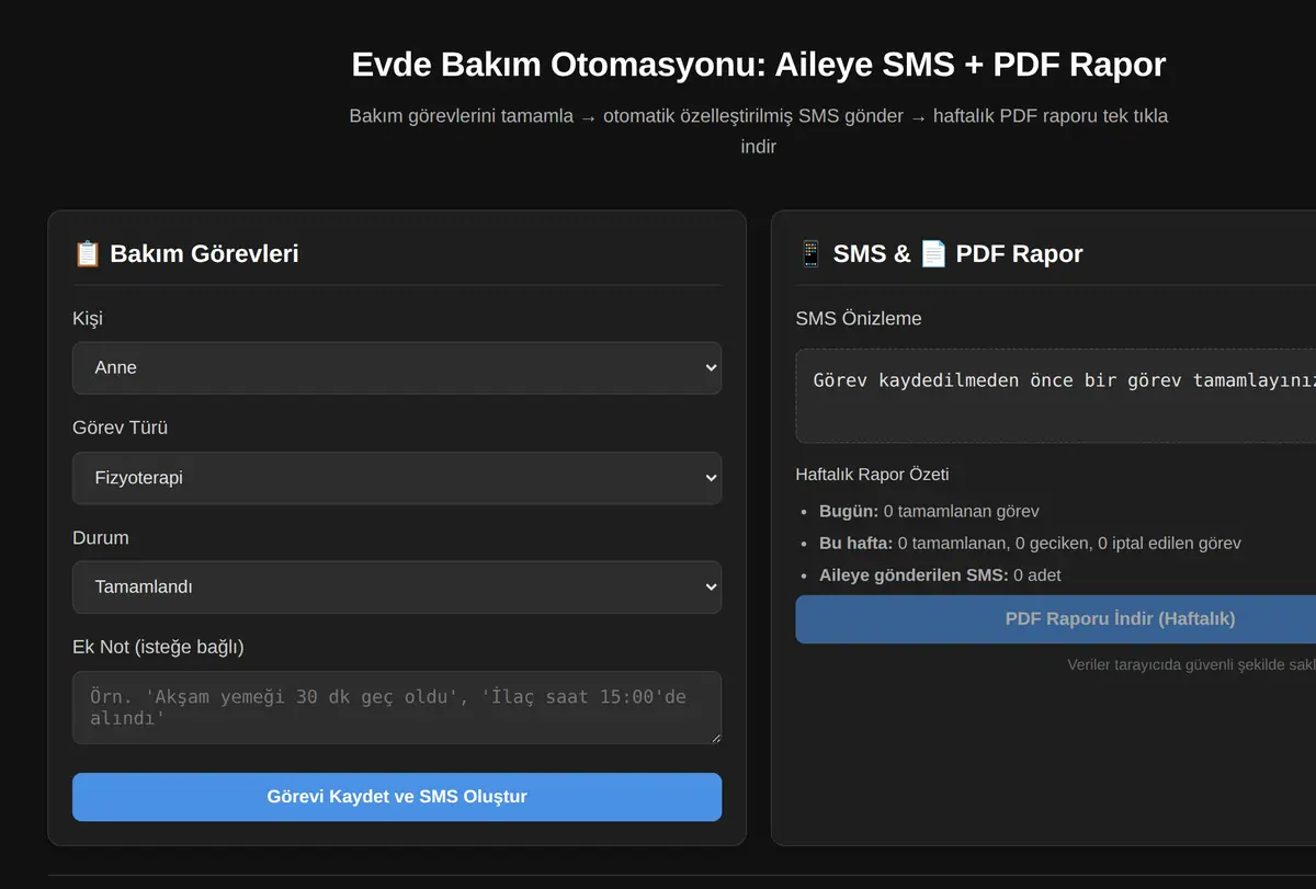 Evde Bakım Otomasyonu: Aileye SMS + PDF Rapor ekran görüntüsü