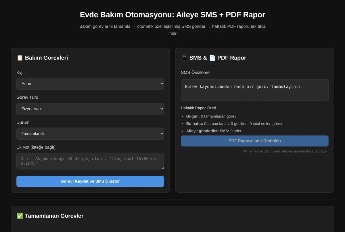 Evde Bakım Otomasyonu: Aileye SMS + PDF Rapor ekran görüntüsü 2