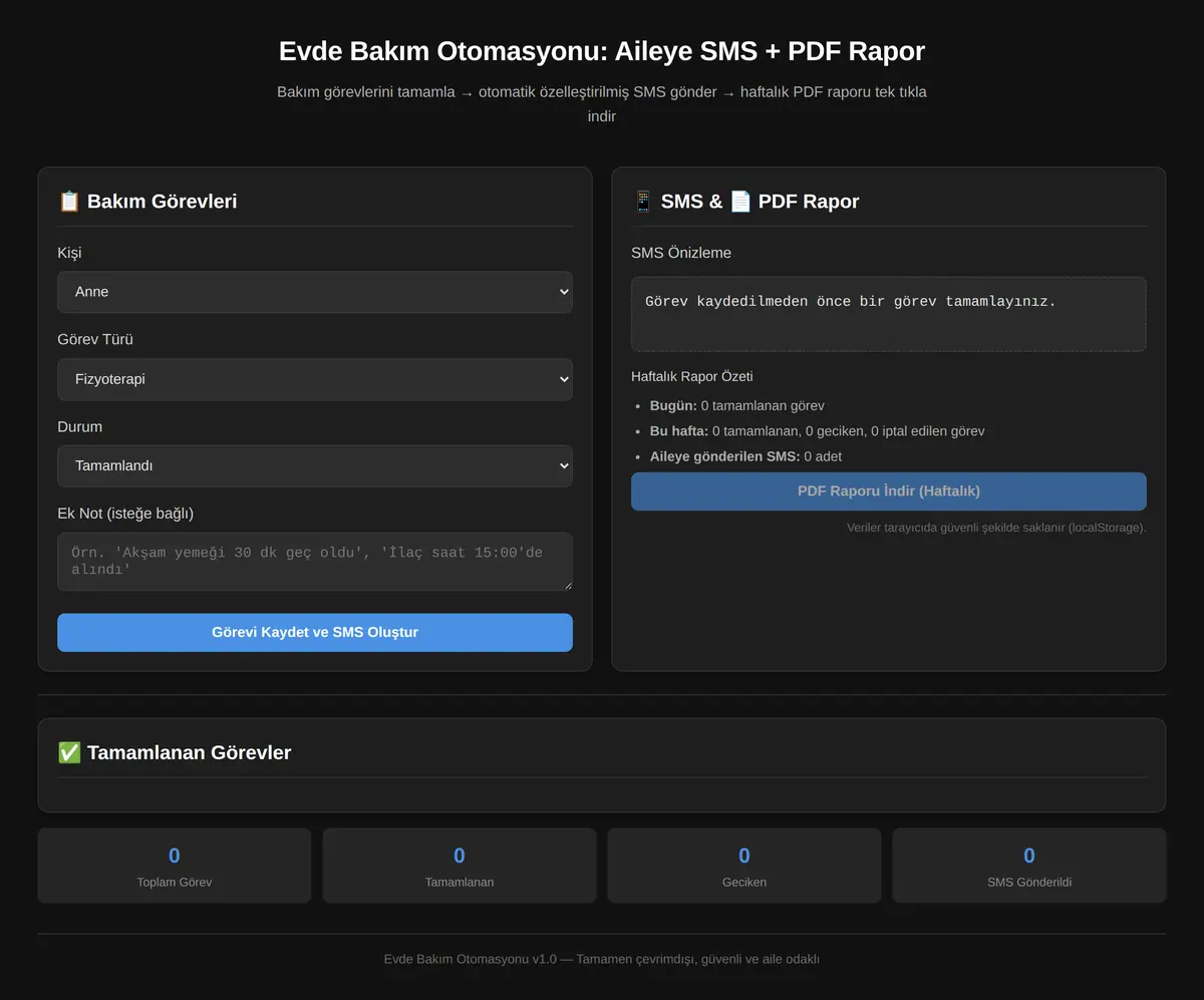 Evde Bakım Otomasyonu: Aileye SMS + PDF Rapor ekran görüntüsü 3
