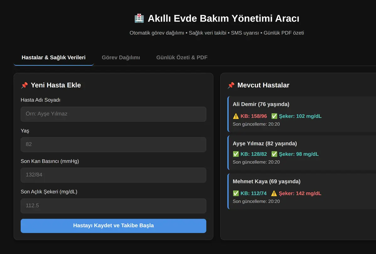 Akıllı Evde Bakım Yönetimi Aracı ekran görüntüsü