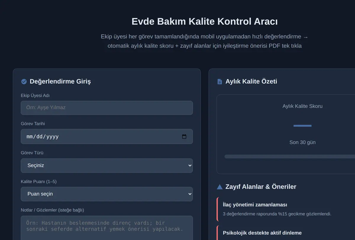 Evde Bakım Kalite Kontrol Aracı ekran görüntüsü