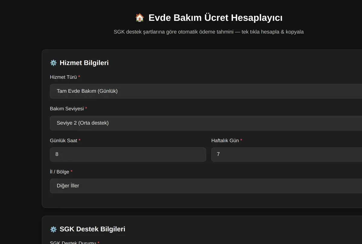 Evde Bakım Ücret Hesaplayıcı ekran görüntüsü
