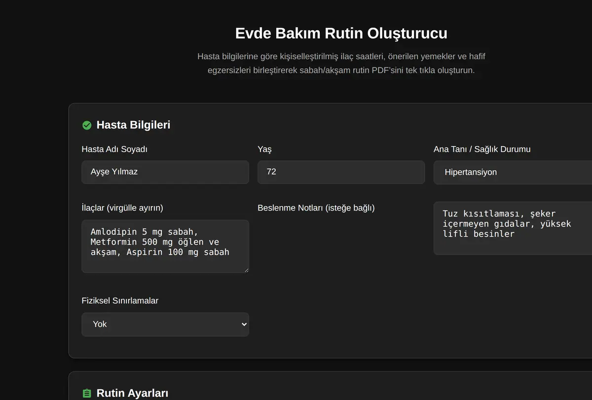 Evde Bakım Rutin Oluşturucu ekran görüntüsü