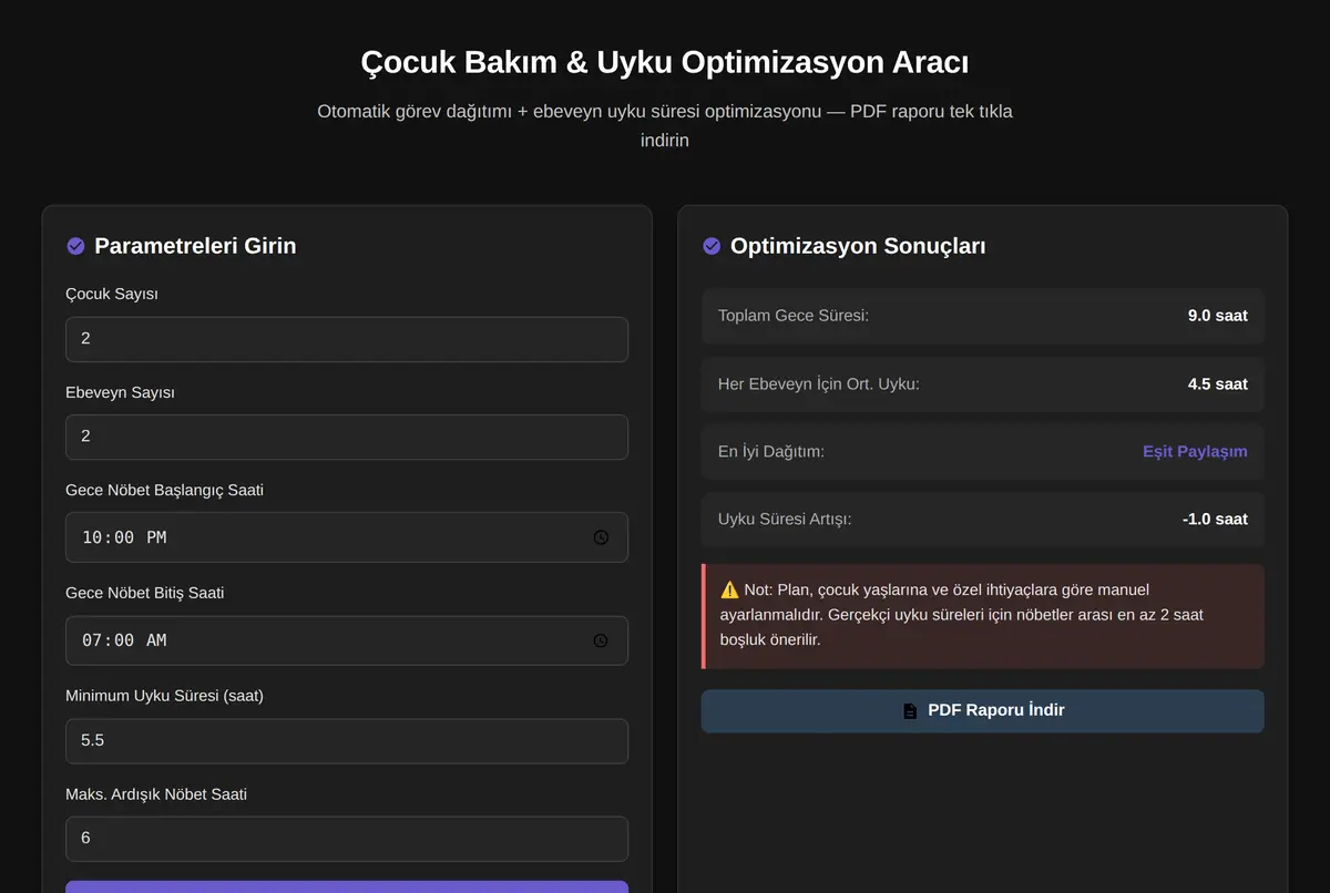 Çocuk Bakım & Uyku Optimizasyon Aracı ekran görüntüsü 2