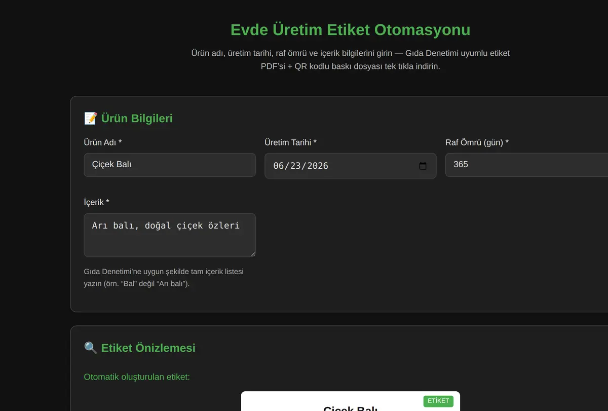 Evde Üretim Etiket Otomasyonu ekran görüntüsü