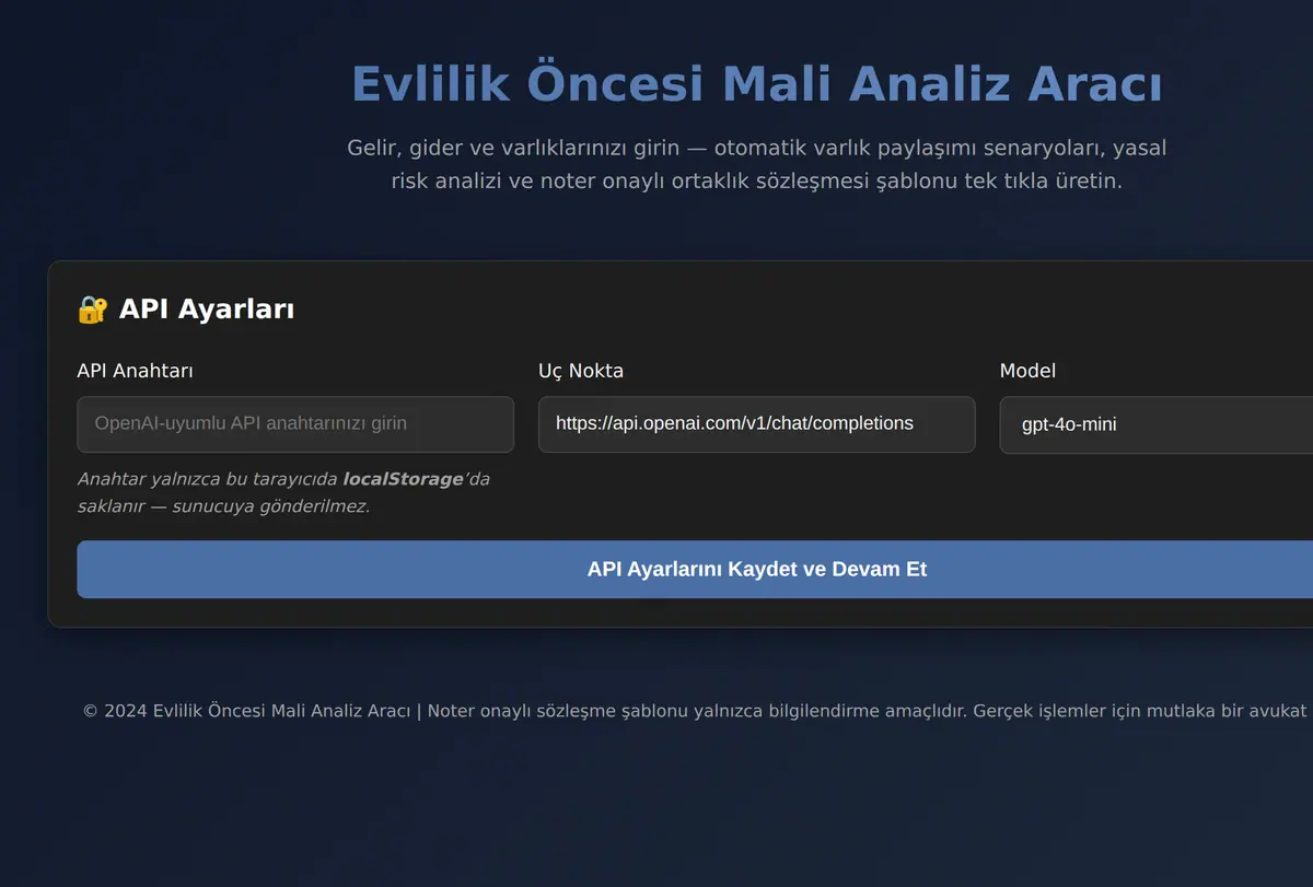 Evlilik Öncesi Mali Analiz Aracı ekran görüntüsü