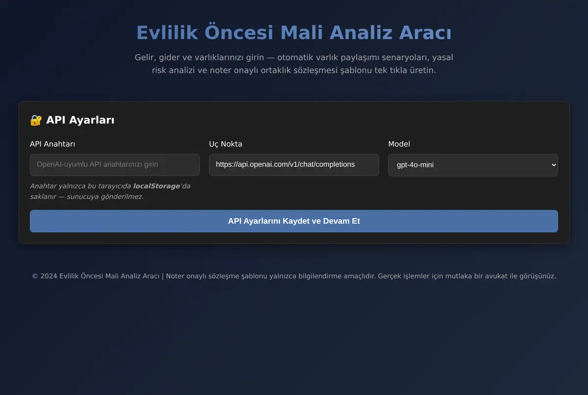 Evlilik Öncesi Mali Analiz Aracı ekran görüntüsü 2