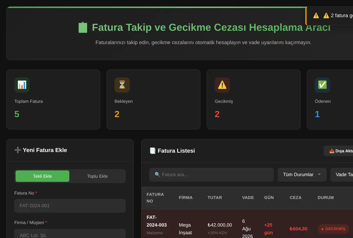 Fatura Takip ve Gecikme Cezası Hesaplama Aracı ekran görüntüsü