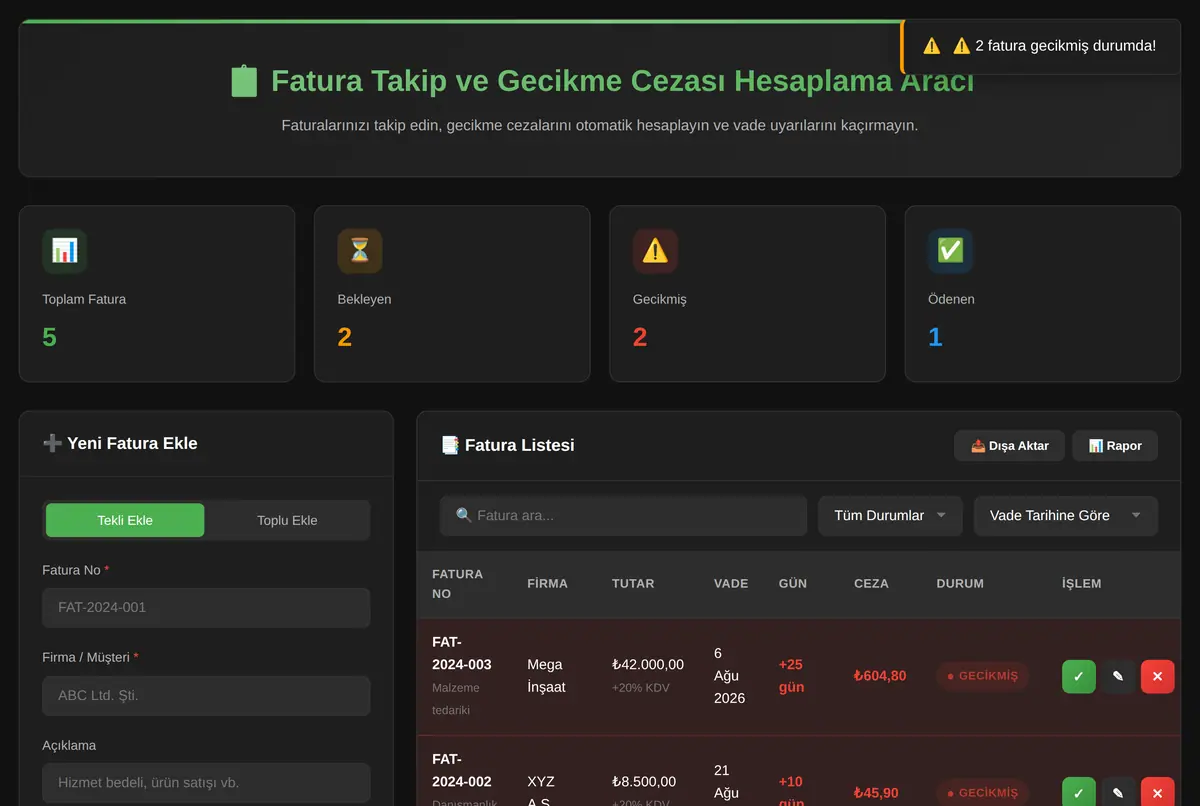 Fatura Takip ve Gecikme Cezası Hesaplama Aracı ekran görüntüsü 2
