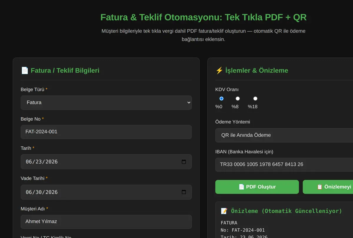 Fatura & Teklif Otomasyonu: Tek Tıkla PDF + QR ekran görüntüsü