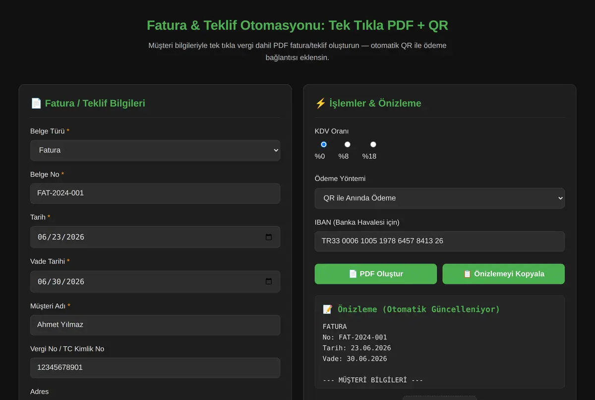 Fatura & Teklif Otomasyonu: Tek Tıkla PDF + QR ekran görüntüsü 2