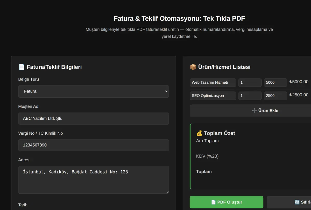 Fatura & Teklif Otomasyonu: Tek Tıkla PDF ekran görüntüsü