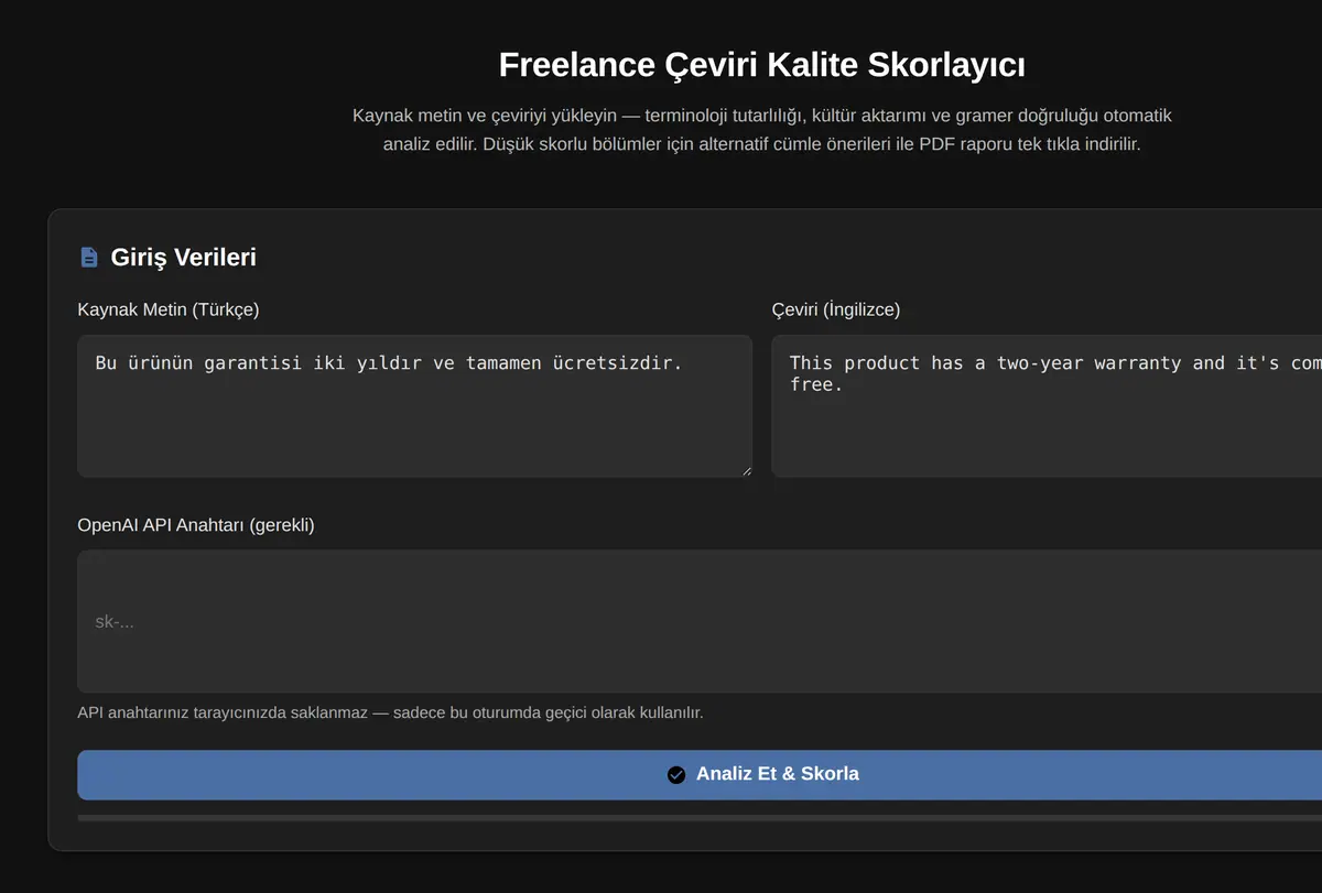 Freelance Çeviri Kalite Skorlayıcı ekran görüntüsü