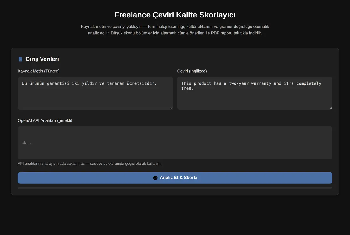 Freelance Çeviri Kalite Skorlayıcı ekran görüntüsü 2