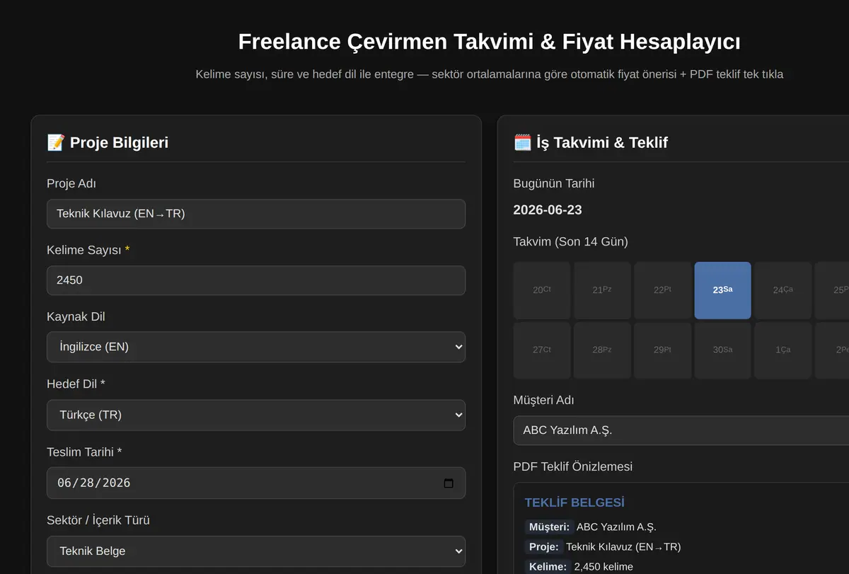 Freelance Çevirmen Takvimi & Fiyat Hesaplayıcı ekran görüntüsü