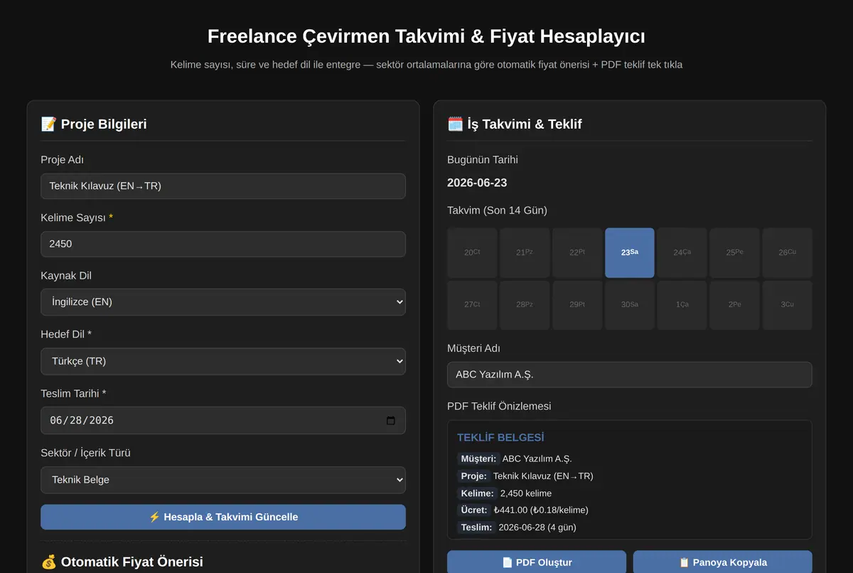Freelance Çevirmen Takvimi & Fiyat Hesaplayıcı ekran görüntüsü 2