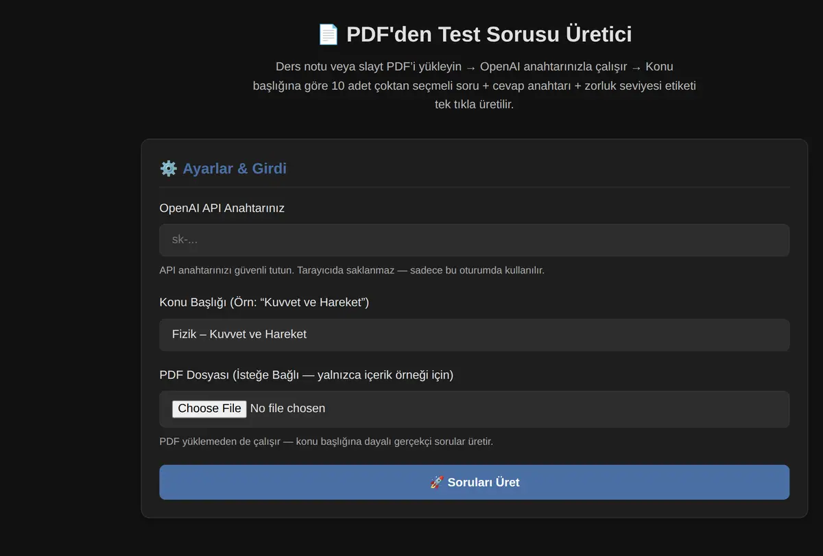 PDF'den Test Sorusu Üretici ekran görüntüsü