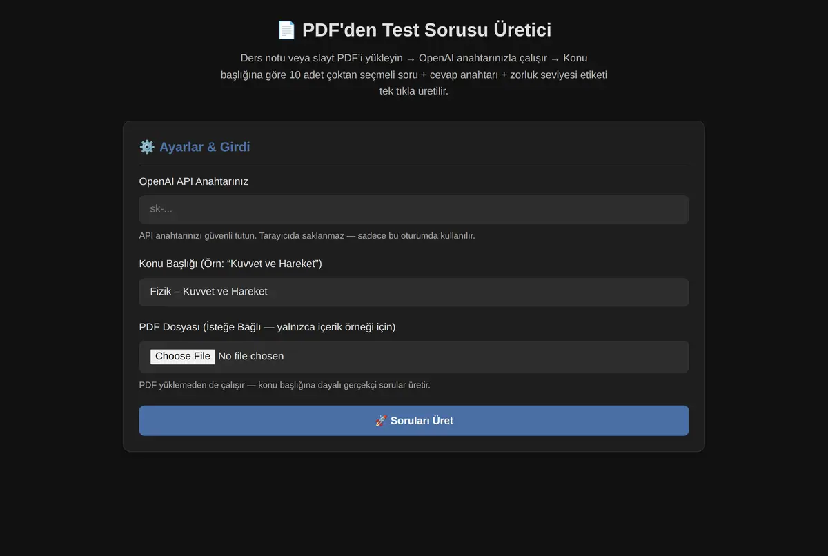 PDF'den Test Sorusu Üretici ekran görüntüsü 2