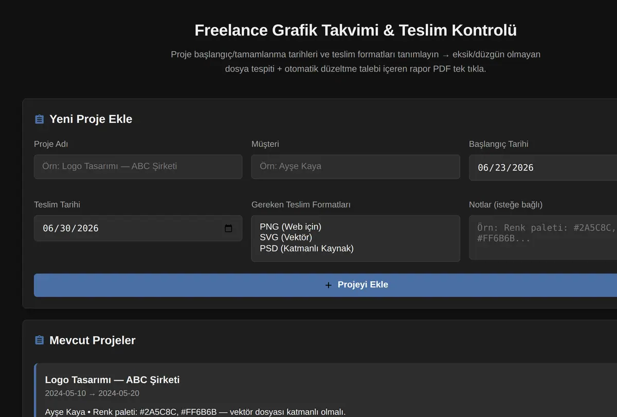 Freelance Grafik Takvimi & Teslim Kontrolü ekran görüntüsü