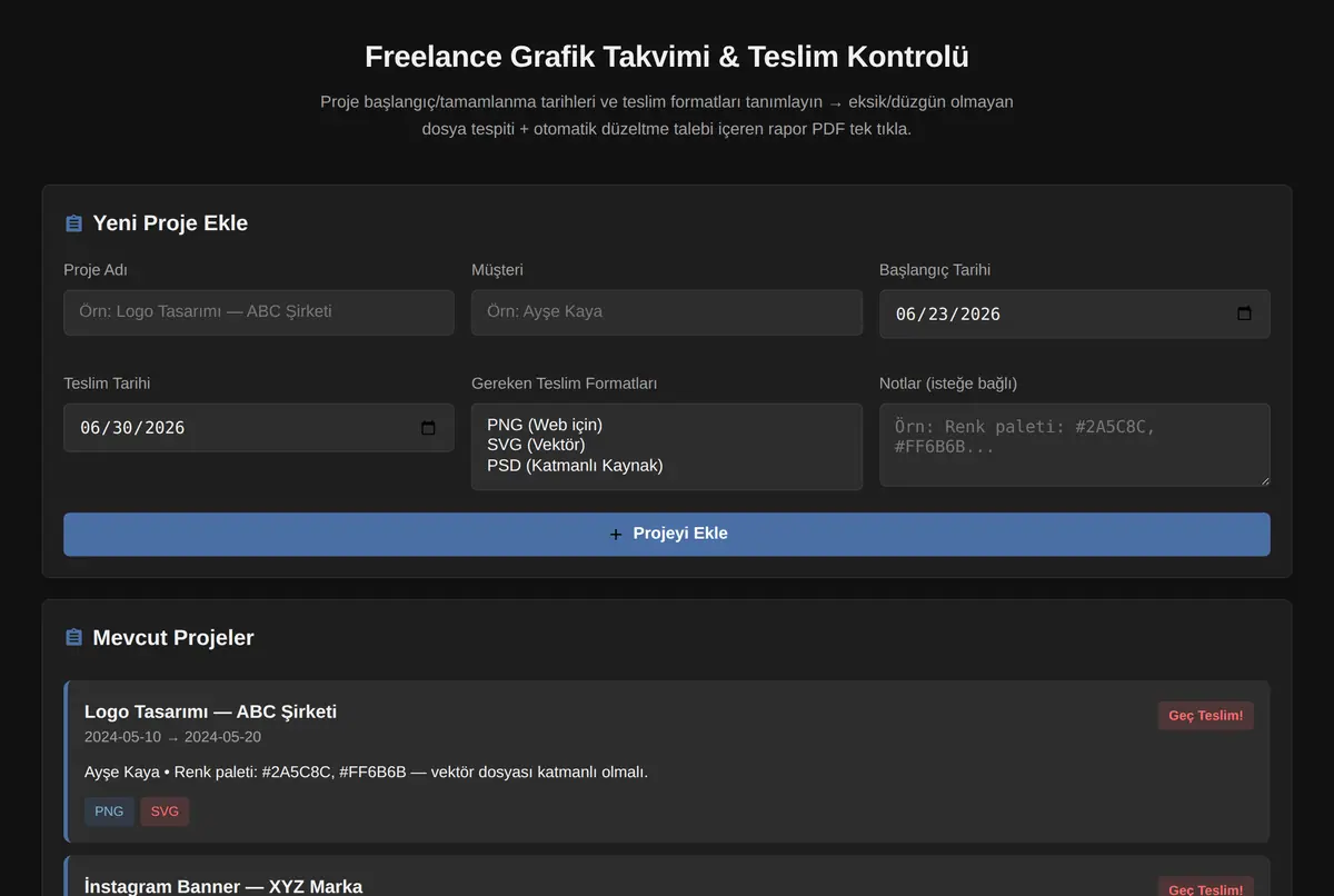 Freelance Grafik Takvimi & Teslim Kontrolü ekran görüntüsü 2