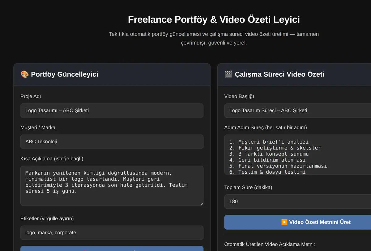 Freelance Portföy & Video Özeti Leyici ekran görüntüsü