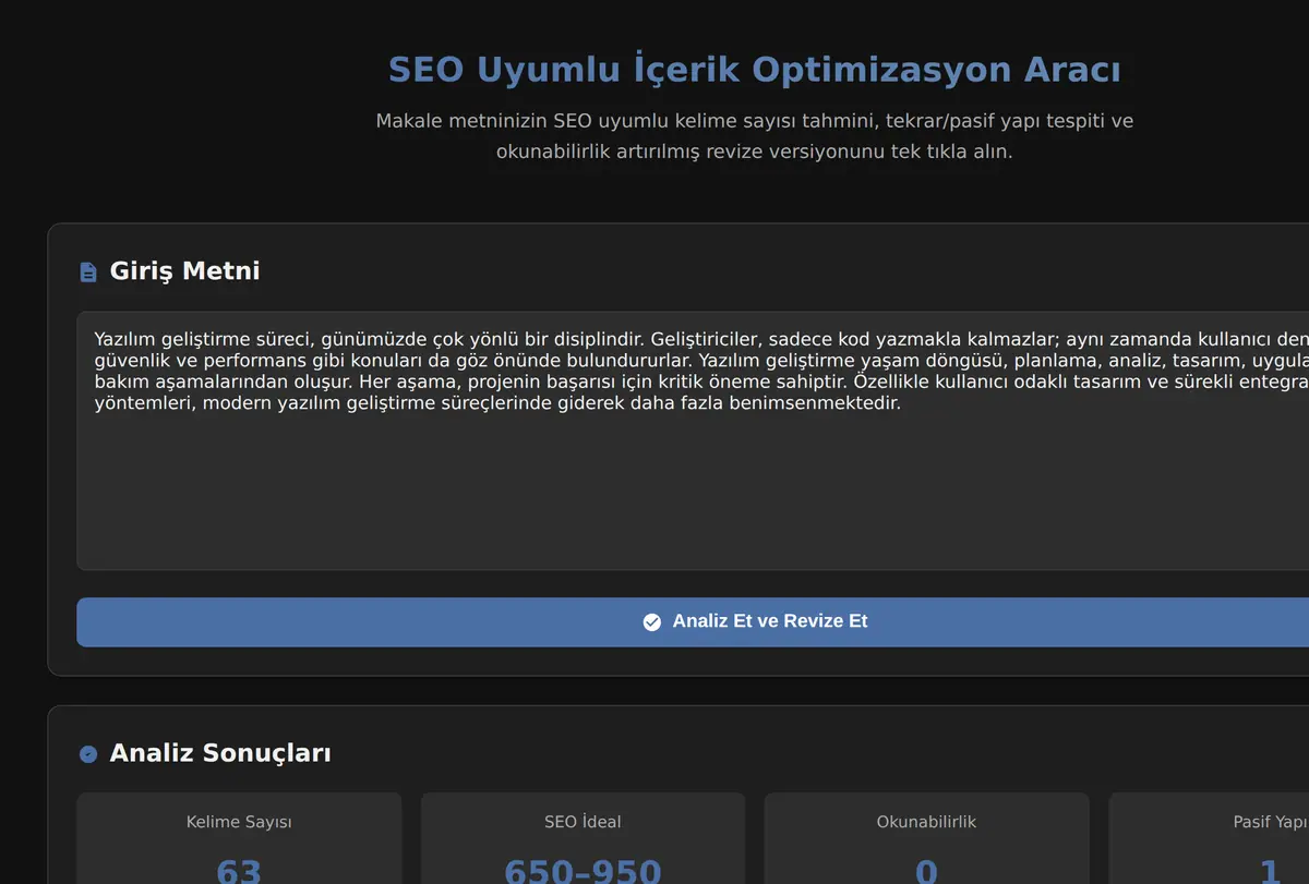 SEO Uyumlu İçerik Optimizasyon Aracı ekran görüntüsü