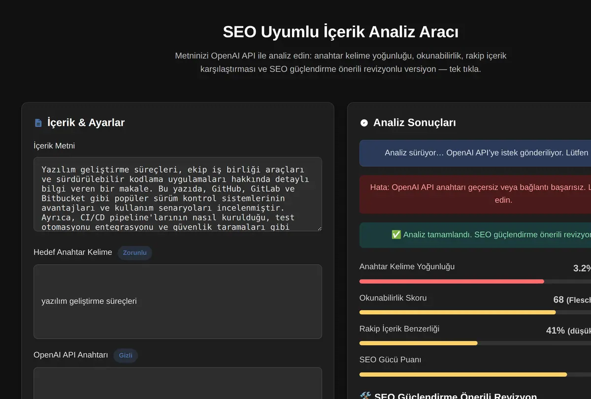 SEO Uyumlu İçerik Analiz Aracı ekran görüntüsü