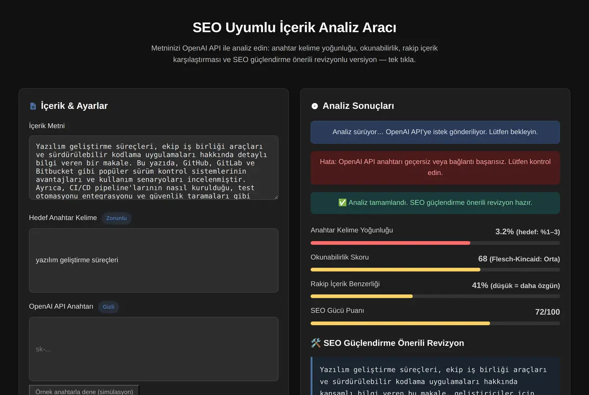 SEO Uyumlu İçerik Analiz Aracı ekran görüntüsü 2