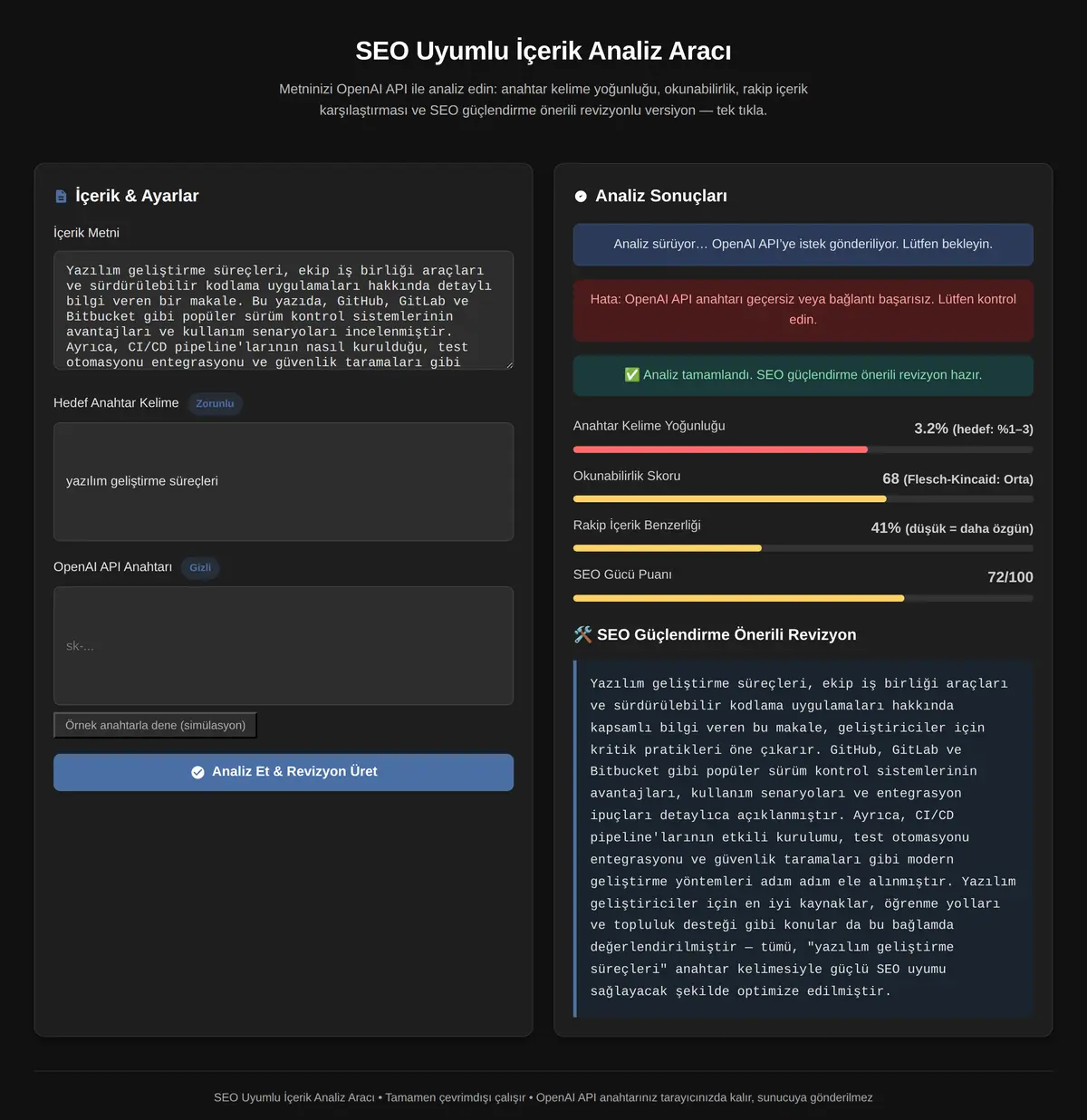 SEO Uyumlu İçerik Analiz Aracı ekran görüntüsü 3