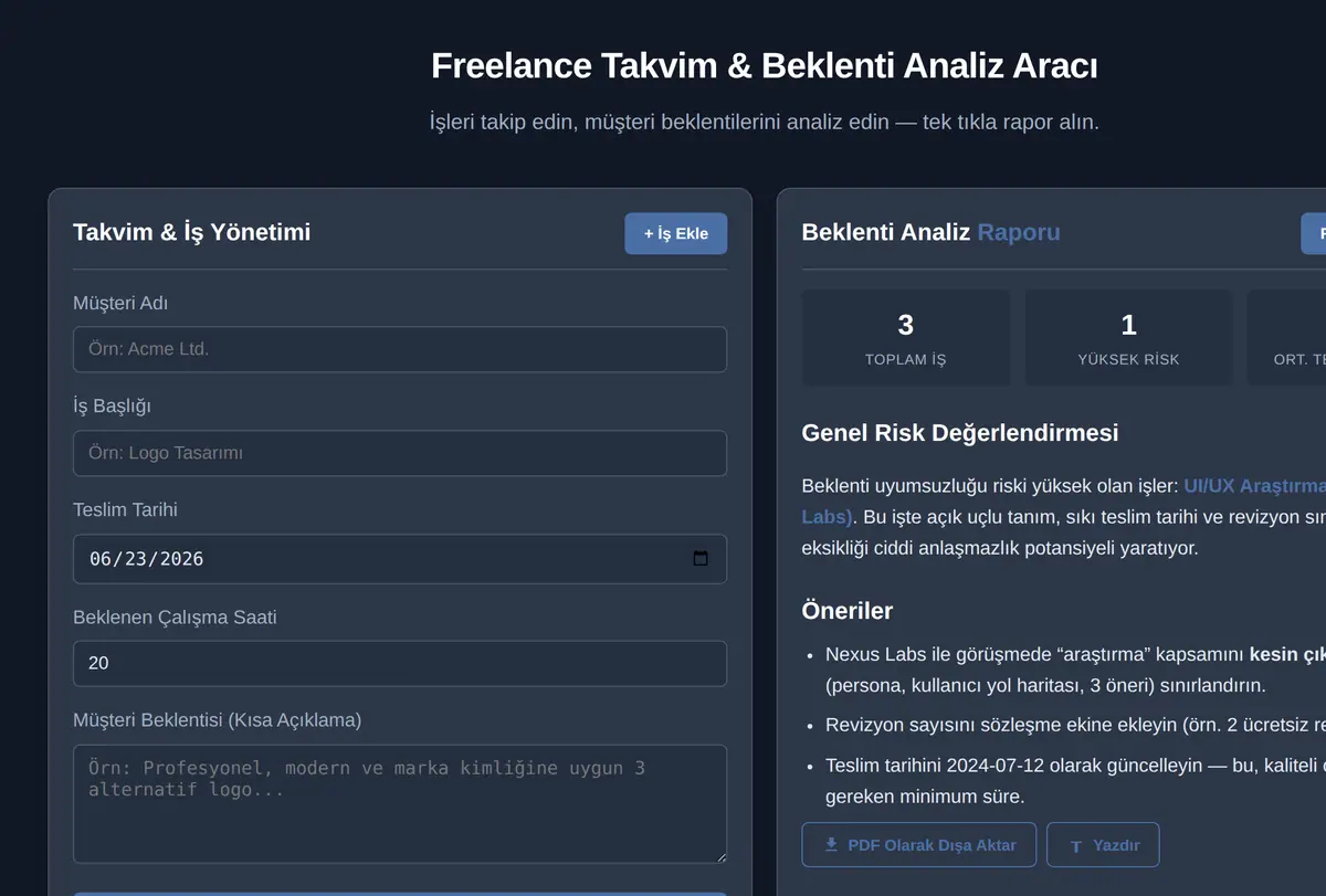 Freelance Takvim & Beklenti Analiz Aracı ekran görüntüsü