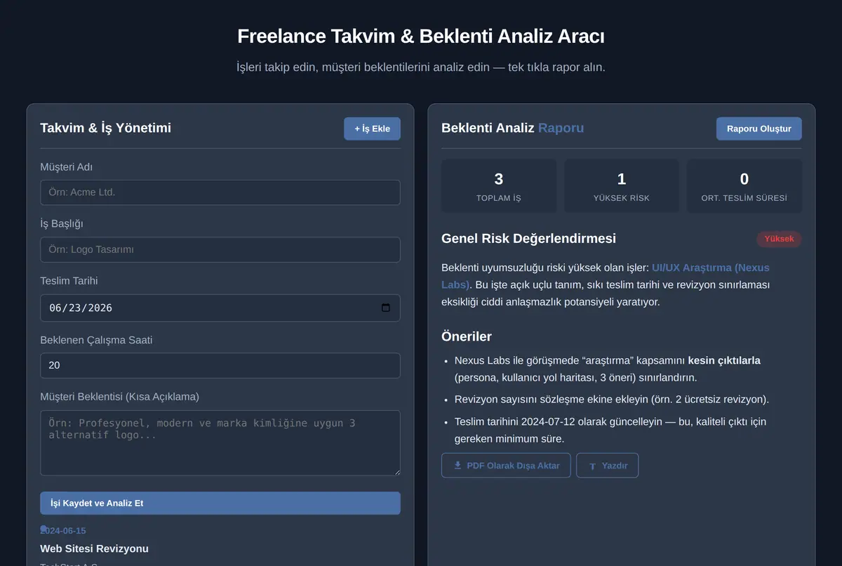 Freelance Takvim & Beklenti Analiz Aracı ekran görüntüsü 2