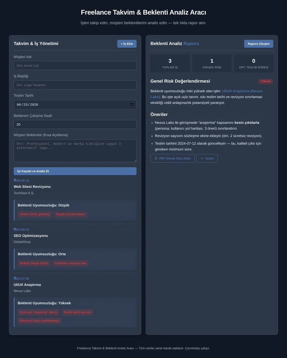Freelance Takvim & Beklenti Analiz Aracı ekran görüntüsü 3