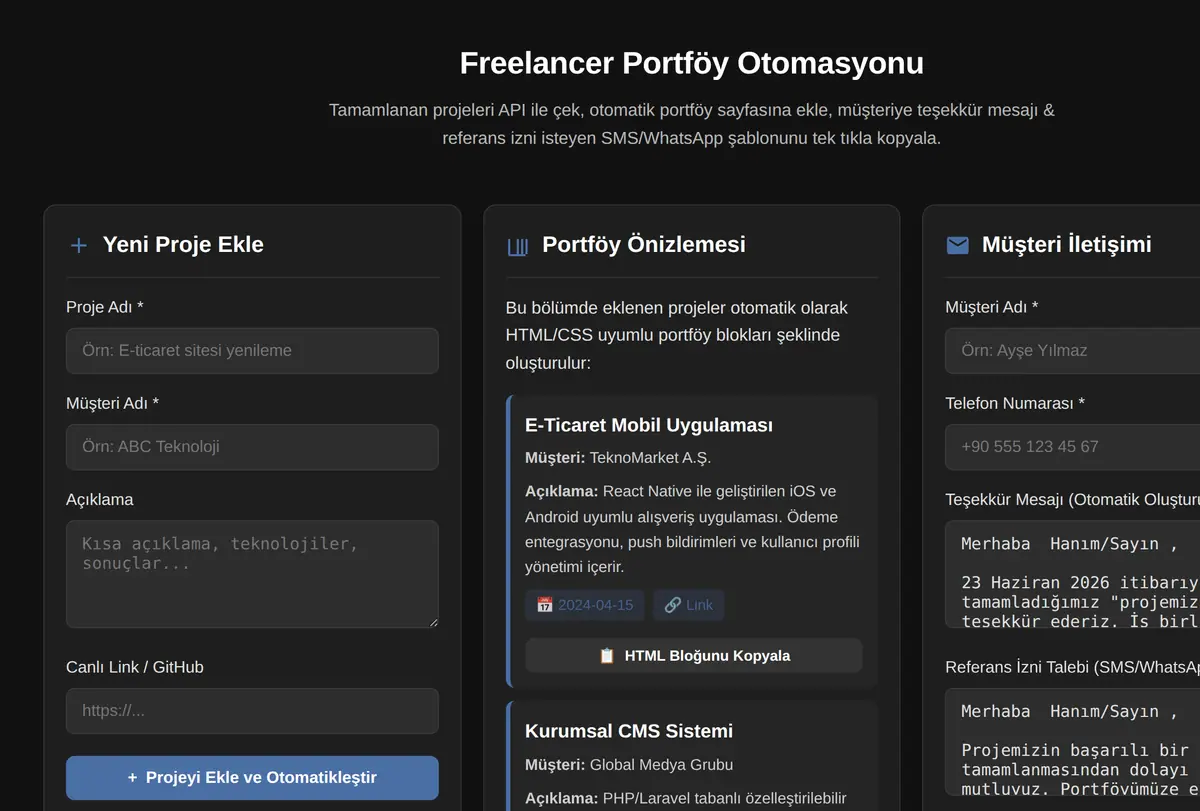 Freelancer Portföy Otomasyonu ekran görüntüsü