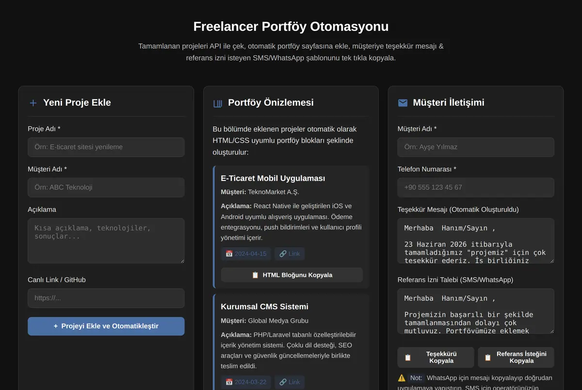 Freelancer Portföy Otomasyonu ekran görüntüsü 2