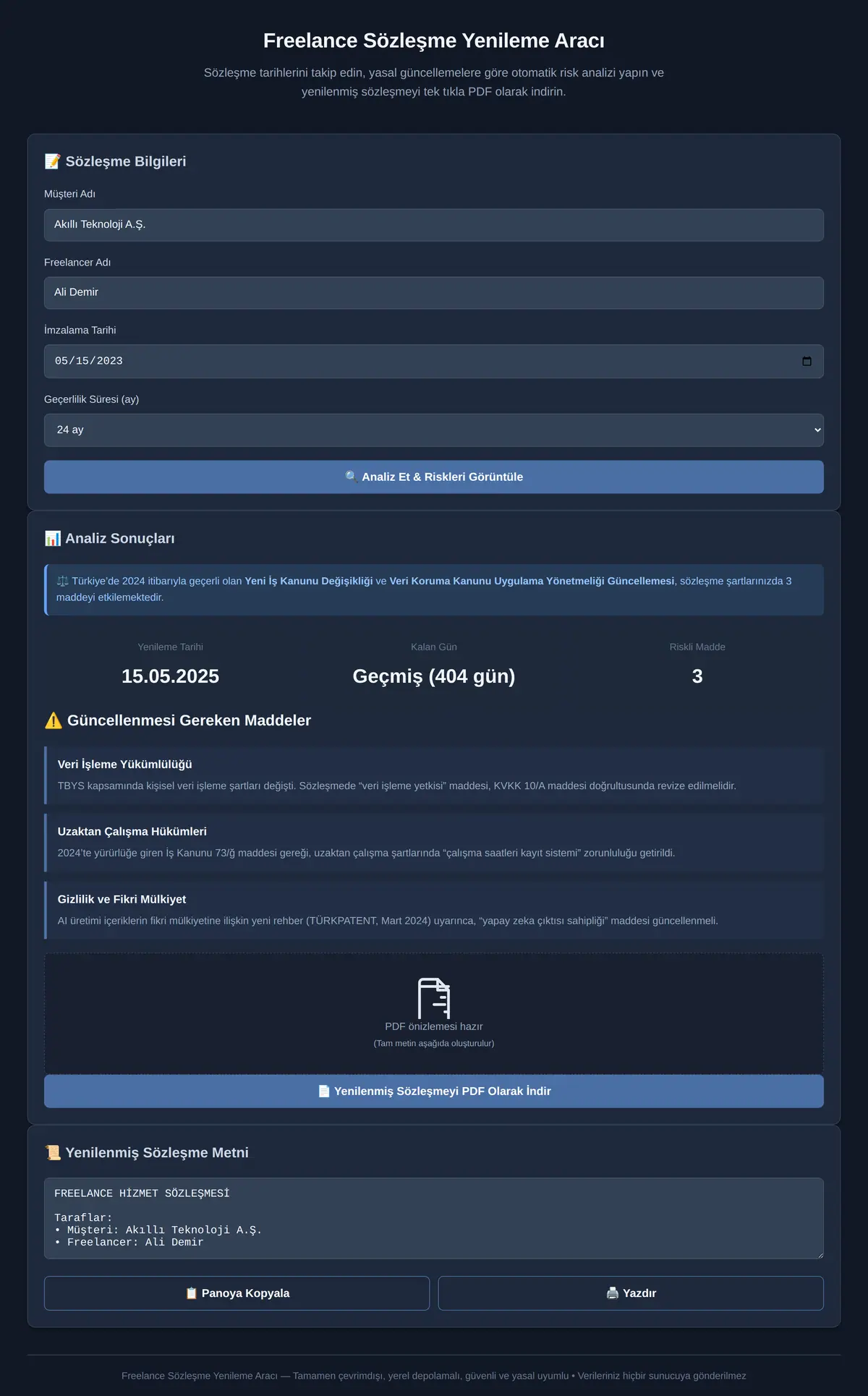 Freelance Sözleşme Yenileme Aracı ekran görüntüsü 3