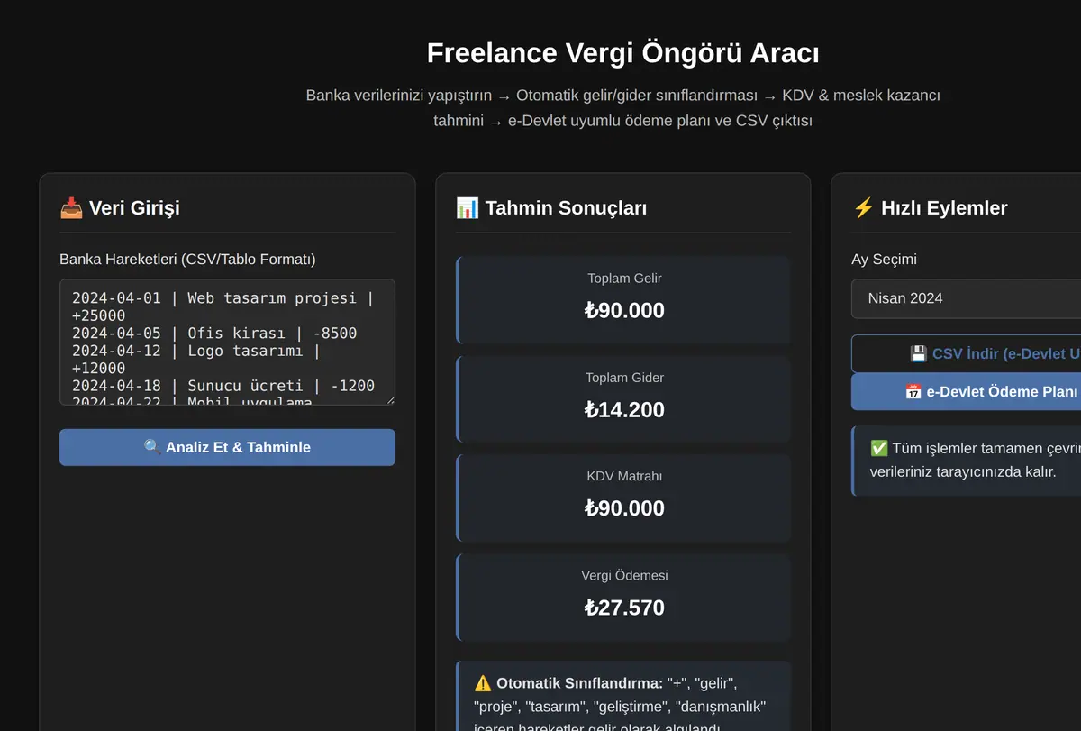 Freelance Vergi Öngörü Aracı ekran görüntüsü