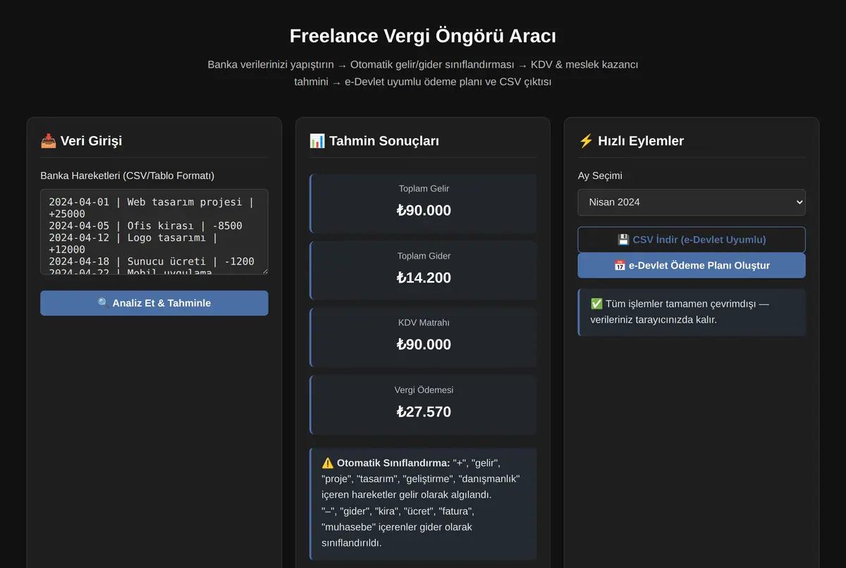 Freelance Vergi Öngörü Aracı ekran görüntüsü 2