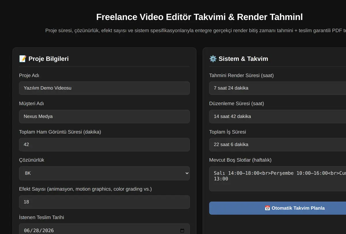 Freelance Video Editör Takvimi & Render Tahminl ekran görüntüsü