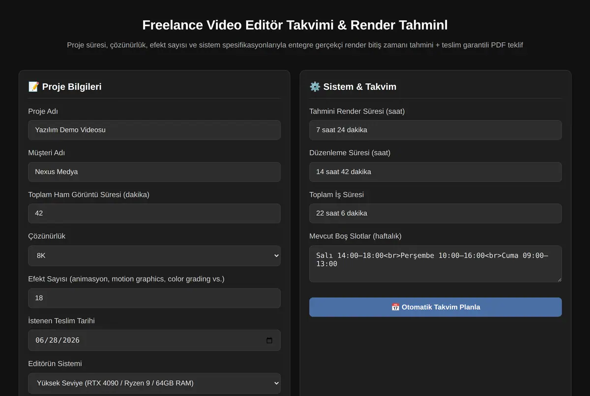 Freelance Video Editör Takvimi & Render Tahminl ekran görüntüsü 2